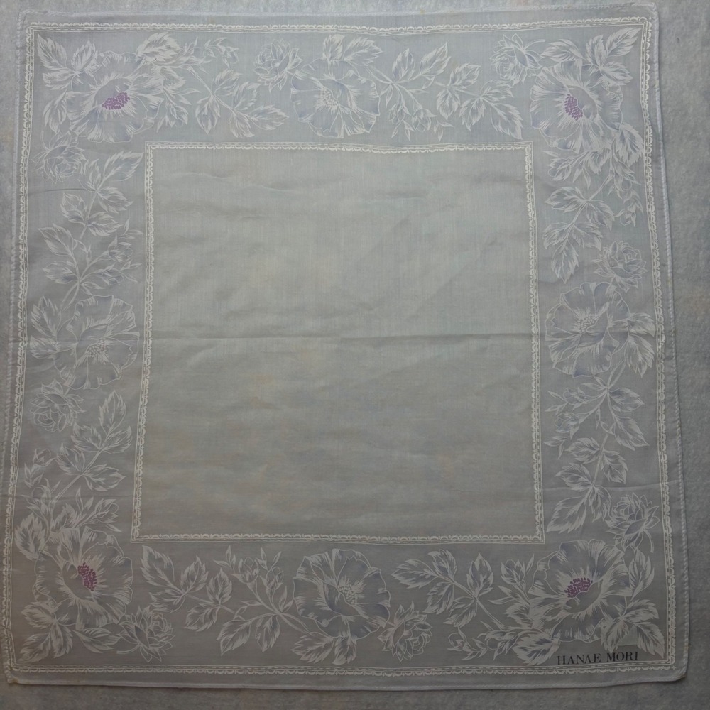 Vtg HANAE MORI Scarf Handkerchief Floral Cotton Blend Blue White 16"